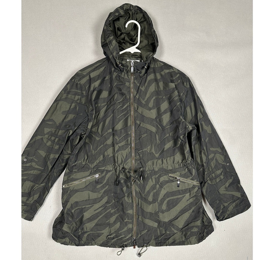 Chicos Jacket Women 6 Olive Green Tiger Stripe Print Hooded Full Zip Utility EUC